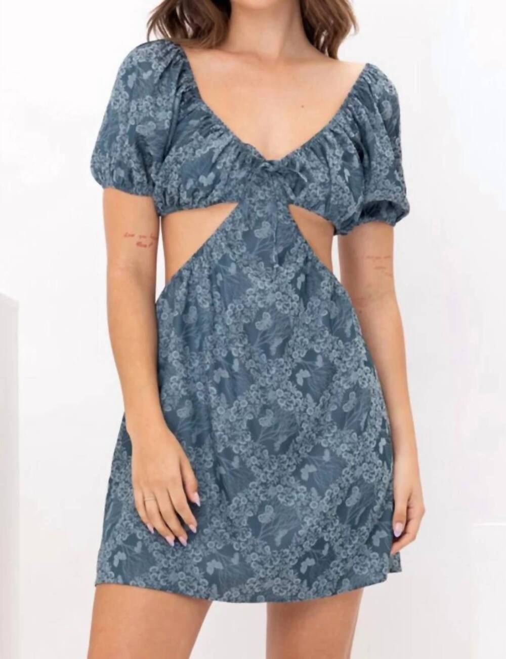 NEW PRETTY GARBAGE floral print cut out mini dress in blue